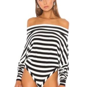 Norma Kamali Black and White Striped all in one Off-Shoulder body suit